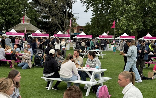 People at event on picnic tables